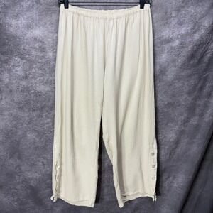 Oh My Gauze  Cropped Wide Leg Pants Women's Size L Beige Buttons Lagenlook
